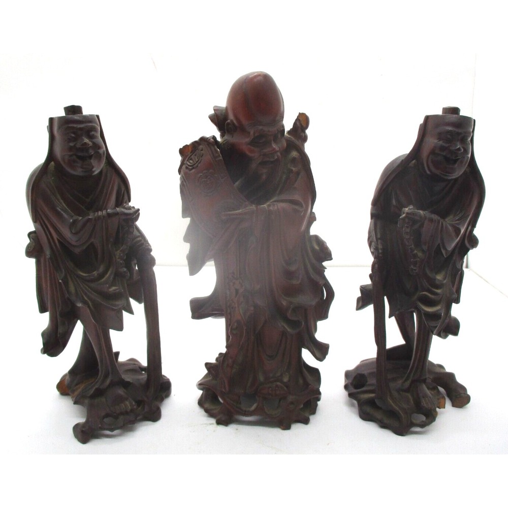 3 Vintage Carved Wood Asian Men Sculptures